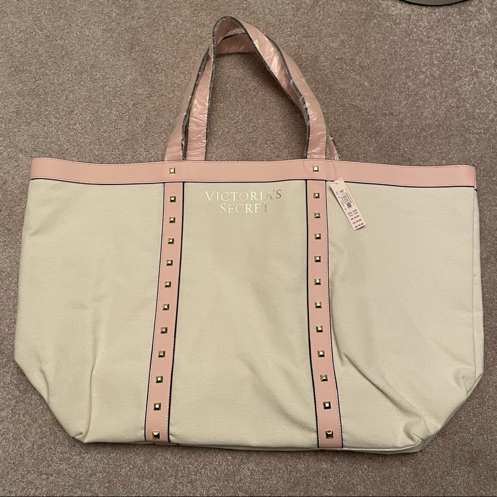 Victorias Secret- Pink & White Studded Canvas Tote
